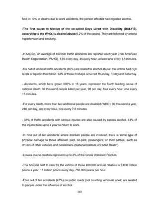 110
fact, in 10% of deaths due to work accidents, the person affected had ingested alcohol.
-The first cause in Mexico of the so-called Days Lived with Disability (DALY'S),
according to the WHO, is alcohol abuse(6.2% of the cases). They are followed by arterial
hypertension and smoking.
-In Mexico, an average of 400,000 traffic accidents are reported each year (Pan American
Health Organization, PAHO), 1,95 every day, 45 every hour, at least one every 1.8 minutes.
-Six out of ten fatal traffic accidents (60%) are related to alcohol abuse: the victims had high
levels of liquid in their blood. 54% of these mishaps occurred Thursday, Friday and Saturday.
- Accidents, which have grown 600% in 15 years, represent the fourth leading cause of
national death: 36 thousand people killed per year, 98 per day, four every hour, one every
15 minutes.
-For every death, more than two additional people are disabled (WHO): 90 thousand a year,
246 per day, ten every hour, one every 7.5 minutes.
- 35% of traffic accidents with serious injuries are also caused by excess alcohol. 43% of
the injured take up to a year to return to work.
-In nine out of ten accidents where drunken people are involved, there is some type of
physical damage to those affected: pilot, co-pilot, passengers, or third parties, such as
drivers of other vehicles and pedestrians (National Institute of Public Health).
-Losses due to crashes represent up to 2% of the Gross Domestic Product.
-The hospital cost to care for the victims of these 400,000 annual crashes is 6,600 million
pesos a year, 18 million pesos every day, 753,000 pesos per hour.
-Four out of ten accidents (45%) on public roads (not counting vehicular ones) are related
to people under the influence of alcohol.
 