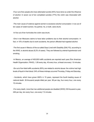 14
-Four out of ten people who have attempted suicide (44%) have done so under the influence
of alcohol. In seven out of ten completed suicides (77%) the victim was intoxicated with
alcohol.
-The main cause of violence against women is excessive alcohol consumption: in six out of
ten cases of violent women, his partner, he, or both, were drunk.
-In five out of ten homicides the victim was drunk.
-One in ten Mexicans claims to have labor problems due to their alcohol consumption. In
fact, in 10% of deaths due to work accidents, the person affected had ingested alcohol.
-The first cause in Mexico of the so-called Days Lived with Disability (DALY'S), according to
the WHO, is alcohol abuse (6.2% of cases). They are followed by arterial hypertension and
smoking.
-In Mexico, an average of 400,000 traffic accidents are reported each year (Pan American
Health Organization, PAHO), 1,95 every day, 45 every hour, at least one every 1.8 minutes.
-Six out of ten fatal traffic accidents (60%) are related to alcohol abuse: the victims had high
levels of liquid in their blood. 54% of these mishaps occurred Thursday, Friday and Saturday.
- Accidents, which have grown 600% in 15 years, represent the fourth leading cause of
national death: 36 thousand people killed per year, 98 per day, four every hour, one every
15 minutes.
-For every death, more than two additional people are disabled (WHO): 90 thousand a year,
246 per day, ten every hour, one every 7.5 minutes.
 