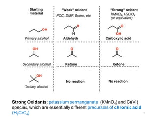 11
Strong Oxidants: potassium permanganate (KMnO4) and Cr(VI)
species, which are essentially different precursors of chromic acid
(H2CrO4)
 