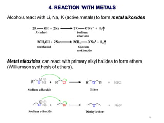 16
4. REACTION WITH METALS
Alcohols react with Li, Na, K (active metals) to form metal alkoxides
Metal alkoxides can react with primary alkyl halides to form ethers
(Williamson synthesis of ethers).
 