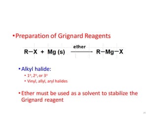 •Preparation of Grignard Reagents
•Alkyl halide:
• 1o, 2o, or 3o
• Vinyl, allyl, aryl halides
•Ether must be used as a solvent to stabilize the
Grignard reagent
25
 