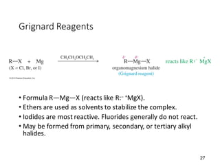 27
Grignard Reagents
• Formula R—Mg—X (reacts like R:– +MgX).
• Ethers are used as solvents to stabilize the complex.
• Iodides are most reactive. Fluorides generally do not react.
• May be formed from primary, secondary, or tertiary alkyl
halides.
 