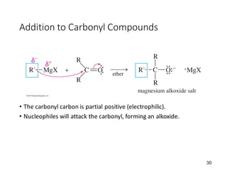 30
Addition to Carbonyl Compounds
• The carbonyl carbon is partial positive (electrophilic).
• Nucleophiles will attack the carbonyl, forming an alkoxide.
 