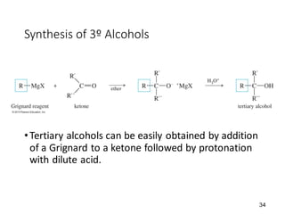34
Synthesis of 3º Alcohols
•Tertiary alcohols can be easily obtained by addition
of a Grignard to a ketone followed by protonation
with dilute acid.
 