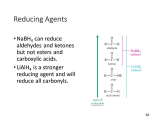 58
Reducing Agents
•NaBH4 can reduce
aldehydes and ketones
but not esters and
carboxylic acids.
•LiAlH4 is a stronger
reducing agent and will
reduce all carbonyls.
 