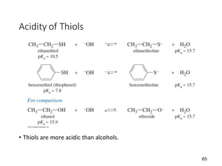 65
Acidity of Thiols
• Thiols are more acidic than alcohols.
 