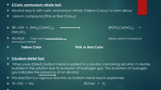  2:Ceric ammonium nitrate test:
 Alcohol reacts with ceric ammonium nitrate (Yellow Colour) to form alkoxy
 cerium compound (Pink or Red Colour)
 2R—OH + (NH4)2Ce(NO3)6 (ROH)2Ce(NO3)4 +
2NH4NO3
 Alcohol Ceric ammonium nitrate Alkoxy cerium compound
Ammonium Nitrate
 Yellow Color Pink or Red Color
 3:Sodium Metal Test:
 When pure (Dried) Sodium metal is added to a solution containing alcohol, it creates
bubbles in the solution due to evolution of hydrogen gas. This evolution of hydrogen
gas indicates the presence of an alcohol.
 This reaction is a vigorous reaction as Sodium metal reacts explosively.
 R—OH + Na RO-
Na+
+ H2
 