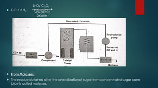  CO + 2 H2 H3C—OH
Methanol
 From Molasses:
 The residue obtained after the crystallization of sugar from concentrated sugar cane
juice is called molasses.
ZnO / Cr2O3
450-500° C
200atm
 