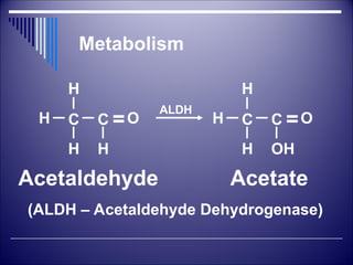 Metabolism
C
H
H
H
C O
H
=
Acetaldehyde
(ALDH – Acetaldehyde Dehydrogenase)
ALDH
Acetate
C
H
H
H
C O
OH
=
 