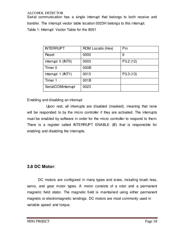 8051 table of vector Alcohol Project Sensing Engine Locking with Alert
