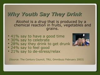 Why Youth Say They Drink Alcohol is a  drug  that is produced by a chemical reaction in fruits, vegetables and grains. 41% say to have a good time  30% say to celebrate 28% say they drink to get drunk 24% say to feel good  21% say to de-stress/relax  (Source: The Century Council, TRU, Omnibuzz February 2003) 
