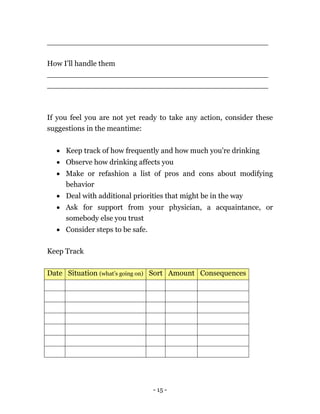 - 15 -
_______________________________________________
How I'll handle them
_______________________________________________
_______________________________________________
If you feel you are not yet ready to take any action, consider these
suggestions in the meantime:
 Keep track of how frequently and how much you're drinking
 Observe how drinking affects you
 Make or refashion a list of pros and cons about modifying
behavior
 Deal with additional priorities that might be in the way
 Ask for support from your physician, a acquaintance, or
somebody else you trust
 Consider steps to be safe.
Keep Track
Date Situation (what’s going on) Sort Amount Consequences
 