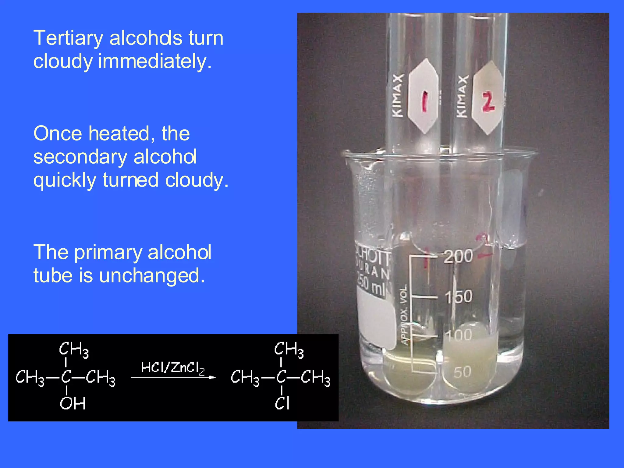 Tertiary alcohols turn cloudy immediately. Once heated, the secondary alcohol quickly turned cloudy.  The primary alcohol tube is unchanged. 