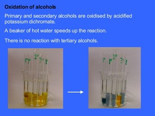 Oxidation of alcohols Primary and secondary alcohols are oxidised by acidified potassium dichromate.  A beaker of hot water speeds up the reaction.  There is no reaction with tertiary alcohols.   