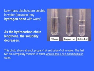 Low-mass alcohols are soluble in water (because they  hydrogen bond  with water).  As the hydrocarbon chain lengthens, the solubility decreases . This photo shows ethanol, propan-1-ol and butan-1-ol in water. The first two are completely miscible in water,  while butan-1-ol is not miscible in water. Ethanol Propan-1-ol Butan-1-ol 