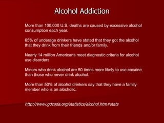 Alcohol Addiction More than 100,000 U.S. deaths are caused by excessive alcohol consumption each year. 65% of underage drinkers have stated that they got the alcohol that they drink from their friends and/or family. Nearly 14 million Americans meet diagnostic criteria for alcohol use disorders Minors who drink alcohol are 50 times more likely to use cocaine than those who never drink alcohol. More than 50% of alcohol drinkers say that they have a family member who is an alocholic. http://www.gdcada.org/statistics/alcohol.htm#stats 