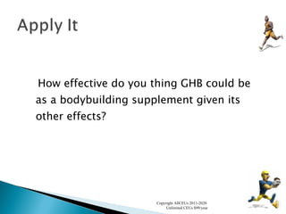 How effective do you thing GHB could be as a bodybuilding supplement given its other effects? Copyright AllCEUs 2011-2020  Unlimited CEUs $99/year 