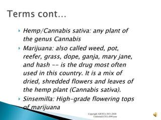 Hemp/Cannabis sativa:  any plant of the genus Cannabis Marijuana:  also called weed, pot, reefer, grass, dope, ganja, mary jane, and hash -- is the drug most often used in this country. It is a mix of dried, shredded flowers and leaves of the hemp plant (Cannabis sativa).   Sinsemilla:  High-grade flowering tops of marijuana   Copyright AllCEUs 2011-2020  Unlimited CEUs $99/year 