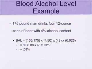 Blood Alcohol Level
Example
• 175 pound man drinks four 12-ounce
cans of beer with 4% alcohol content
• BAL = (150/175) x (4/50) x (48) x (0.025)
• =.86 x .08 x 48 x .025
• = .08%
 