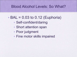 Blood Alcohol Levels: So What?
•BAL = 0.03 to 0.12 (Euphoria)
• Self-confident/daring
• Short attention span
• Poor judgment
• Fine motor skills impaired
 