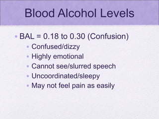 Blood Alcohol Levels
•BAL = 0.18 to 0.30 (Confusion)
• Confused/dizzy
• Highly emotional
• Cannot see/slurred speech
• Uncoordinated/sleepy
• May not feel pain as easily
 