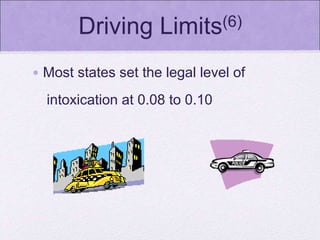 Driving Limits(6)
• Most states set the legal level of
intoxication at 0.08 to 0.10
 