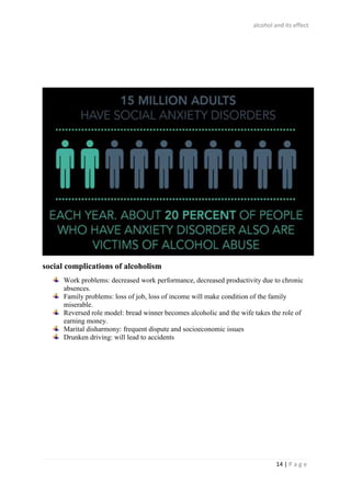 alcohol and its effect
14 | P a g e
social complications of alcoholism
Work problems: decreased work performance, decreased productivity due to chronic
absences.
Family problems: loss of job, loss of income will make condition of the family
miserable.
Reversed role model: bread winner becomes alcoholic and the wife takes the role of
earning money.
Marital disharmony: frequent dispute and socioeconomic issues
Drunken driving: will lead to accidents
 