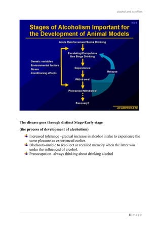 alcohol and its effect
8 | P a g e
The disease goes through distinct Stage-Early stage
(the process of development of alcoholism)
Increased tolerance –gradual increase in alcohol intake to experience the
same pleasure as experienced earlier.
Blackouts-unable to recollect or recalled memory when the latter was
under the influenced of alcohol.
Preoccupation- always thinking about drinking alcohol
 