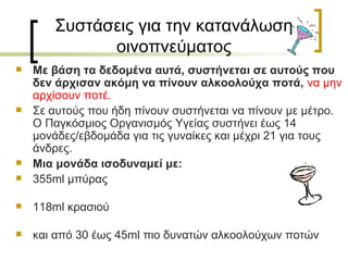 Συστάσεις για την κατανάλωση
             οινοπνεύματος
   Με βάση τα δεδομένα αυτά, συστήνεται σε αυτούς που
    δεν άρχισαν ακόμη να πίνουν αλκοολούχα ποτά, να μην
    αρχίσουν ποτέ.
   Σε αυτούς που ήδη πίνουν συστήνεται να πίνουν με μέτρο.
    Ο Παγκόσμιος Οργανισμός Υγείας συστήνει έως 14
    μονάδες/εβδομάδα για τις γυναίκες και μέχρι 21 για τους
    άνδρες.
   Μια μονάδα ισοδυναμεί με:
   355ml μπύρας
     
   118ml κρασιού
     
   και από 30 έως 45ml πιο δυνατών αλκοολούχων ποτών
 