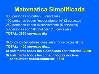 Matematica Simplificada
300 personas no beben (0 cervezas)
400 personas beben “moderadamente” (2 cervezas)
250 personas beben excesivamente (5 cervezas)
50 personas son “alcohólicos” (10 cervezas)
TOTAL: 2550 cervezas día

Si todos los bebedores consumiran 2 cervezas al dia
TOTAL: 1400 cervezas día…
Si solamente todos los alcohólicos son tratados: 2050
Si solamente todos los consumidores nocivos
   consumiran moderadamente: 1800
 