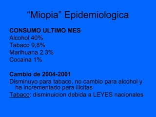 “Miopia” Epidemiologica
CONSUMO ULTIMO MES
Alcohol 40%
Tabaco 9,8%
Marihuana 2.3%
Cocaina 1%

Cambio de 2004-2001
Disminuyo para tabaco, no cambio para alcohol y
  ha incrementado para ilicitas
Tabaco: disminuicion debida a LEYES nacionales
 
