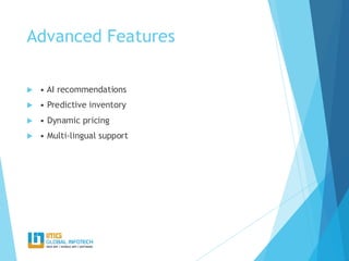 Advanced Features
 • AI recommendations
 • Predictive inventory
 • Dynamic pricing
 • Multi-lingual support
 