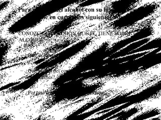 Para platicar del alcohol con su hijo, se sugiere que tome en cuenta los siguientes aspectos: CONOZCA LA OPINIÓN QUE ÉL TIENE SOBRE EL ALCOHOL: ¿Qué es lo que sabe? ¿Qué piensa del consumo de alcohol en los adolescentes? ¿Por qué cree que los jóvenes beben? 
