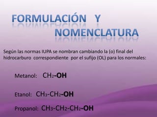 Según las normas IUPA se nombran cambiando la (o) final del
hidrocarburo correspondiente por el sufijo (OL) para los normales:


     Metanol:     CH2-OH

     Etanol:   CH3-CH2-OH
     Propanol:   CH3-CH2-CH2-OH
 