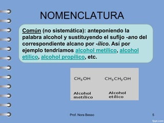 NOMENCLATURA
Prof. Nora Besso 5
Común (no sistemática): anteponiendo la
palabra alcohol y sustituyendo el sufijo -ano del
correspondiente alcano por -ílico. Así por
ejemplo tendríamos alcohol metílico, alcohol
etílico, alcohol propílico, etc.
 