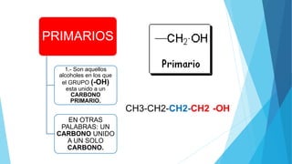 PRIMARIOS
1.- Son aquellos
alcoholes en los que
el GRUPO (-OH)
esta unido a un
CARBONO
PRIMARIO.
EN OTRAS
PALABRAS: UN
CARBONO UNIDO
A UN SOLO
CARBONO.
 