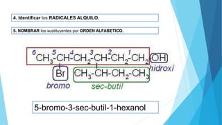 4. Identificar los RADICALES ALQUILO.
5. NOMBRAR los sustituyentes por ORDEN ALFABETICO.
5-bromo-3-sec-butil-1-hexanol
 