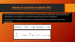 Los haloalcanos primarios reaccionan con hidróxido de sodio para formar alcoholes.
Haloalcanos secundarios y terciarios eliminan para formar alquenos.
El bromuro de isopropilo (sustrato secundario) elimina al reaccionar con el ión
hidróxido.
 