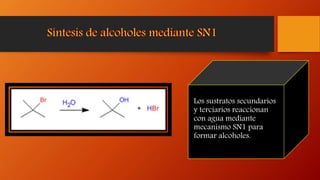 Los sustratos secundarios
y terciarios reaccionan
con agua mediante
mecanismo SN1 para
formar alcoholes.
 