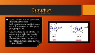  Los alcoholes son los derivados
hidroxilados de los
hidrocarburos, al sustituirse en
estos, los átomos de hidrogeno
por grupos OH.
 La estructura de un alcohol se
asemeja a la del agua puesto
que un alcohol procede de la
sustitución formal de uno de
los hidrógenos del agua por un
grupo alquilo
 
