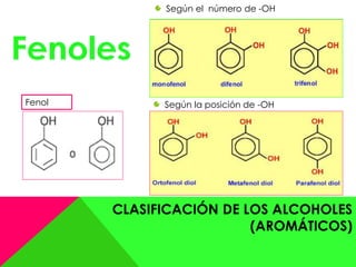 CLASIFICACIÓN DE LOS ALCOHOLES
(AROMÁTICOS)
Según el número de -OH
Según la posición de -OHFenol
 