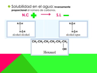 Solubilidad en el agua: Inversamente
proporcional al número de carbonos.
N.C S.L
 