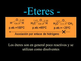 -Eteres - Los éteres son en general poco reactivos y se utilizan como disolventes 