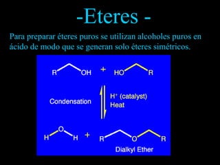 Para preparar éteres puros se utilizan alcoholes puros en ácido de modo que se generan solo éteres simétricos. -Eteres - 