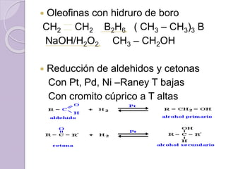  Oleofinas con hidruro de boro
CH2 CH2 B2H6 ( CH3 – CH3)3 B
NaOH/H2O2 CH3 – CH2OH
 Reducción de aldehidos y cetonas
Con Pt, Pd, Ni –Raney T bajas
Con cromito cúprico a T altas
 
