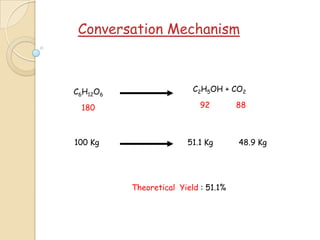 Conversation Mechanism
C6H12O6
180
C2H5OH + CO2
92 88
100 Kg 51.1 Kg 48.9 Kg
Theoretical Yield : 51.1%
 