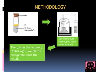 METHODOLOGY




                           Stir the mixture
                           vigorously 2 hrs in
                           warm location
Then, after the recovery
of Ba(Co3)2 , weigh the
precipitate, note the
result.
 