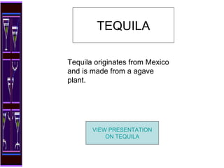 Tequila originates from Mexico and is made from a agave plant. TEQUILA VIEW PRESENTATION ON TEQUILA 