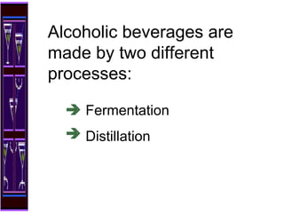 Alcoholic beverages are made by two different processes: Fermentation Distillation 