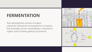 FERMENTATION
Slow decomposition process of organic
substances induced by microorganisms or enzymes
that essentially convert carbohydrates to alcohols or
organic acids including gaseous by-products.
 